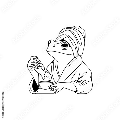 Frog spa day outline vector art illustration with robe and towel for relaxation and wellness design