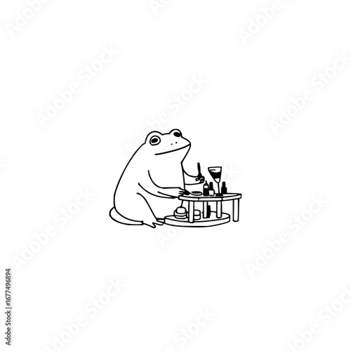 Frog applying makeup illustration vector art drawing amphibian beauty skincare routine vanity table design