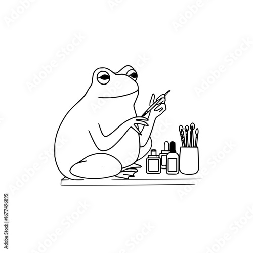 Frog applying makeup tutorial funny amphibian beauty routine skincare artist illustration drawing vector art