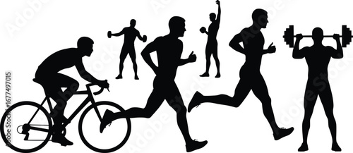 Silhouettes of people exercising, cycling, running, weightlifting, bodybuilding, fitness activities, healthy lifestyle, strength training, cardio workout, sports, gym exercises, physical fitness