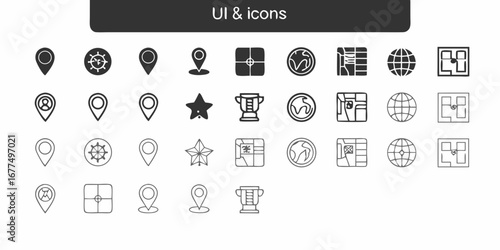 Collection of ui and ux icons for web and mobile applications featuring map pins globes stars and trophies