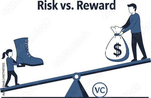 Illustration representing the concept of risk versus reward in venture capital investments, showcasing a balance scale with a boot and a bag of money
