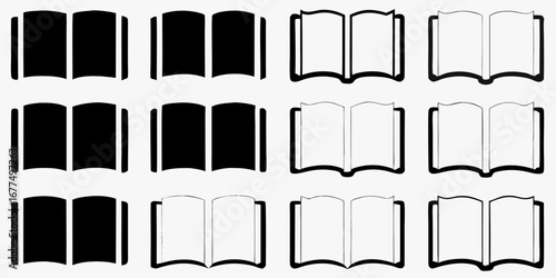 Set of stylized open and closed books in black and white outline and silhouette designs