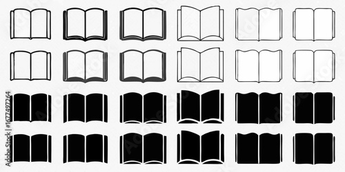 Collection of open book icons and silhouettes representing knowledge and education
