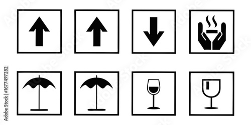 Collection of international shipping and handling symbols for package labeling and logistics