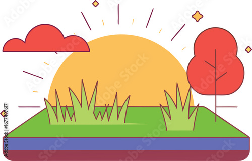 Stylized landscape illustration with radiant sun clouds and lush grass a serene and simple outdoor scene perfect for nature lovers designers and environmental themes
