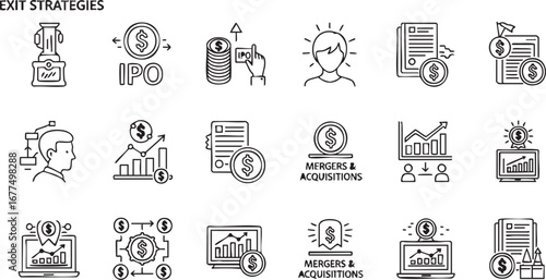 Doodle vector illustrations showcasing initial public offering, mergers and acquisitions, exit strategies, business list, investment and financial growth