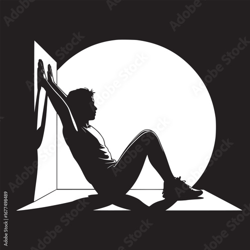 Silhouette of a man leaning against a wall with a large circle behind him in black and white art