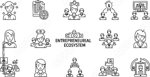 Set of business and management thin line icons collection of outline corporate and office symbols teamwork, meeting, presentation, discussion, planning, and training concept