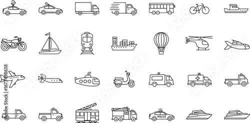 Collection of diverse transportation icons representing various modes of travel and vehicles