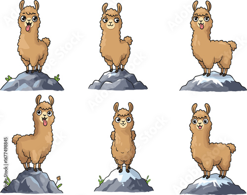 Cartoon llamas on rocky terrain, expressive poses, playful mountain animals, character design, nature illustration, animated behavior, fun creatures