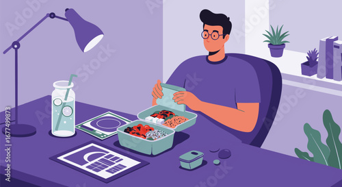 Man enjoys a healthy lunch at his desk with a refreshing drink during a break time