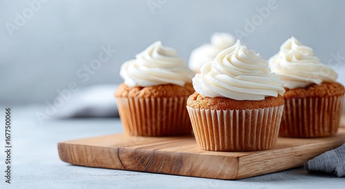 Close-up of three cupcakes with cream frosting