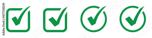 Check box icon with correct, accept checkmark icons, green tick box, check list circle frame, checkbox symbol sign. Check mark box square frame. Green check mark icon in a box. Tick symbol in green