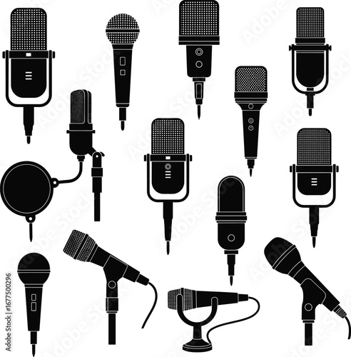 Various vintage and modern microphone silhouettes collection, sound recording equipment, audio devices, studio gear, broadcast tools, voice recording icons