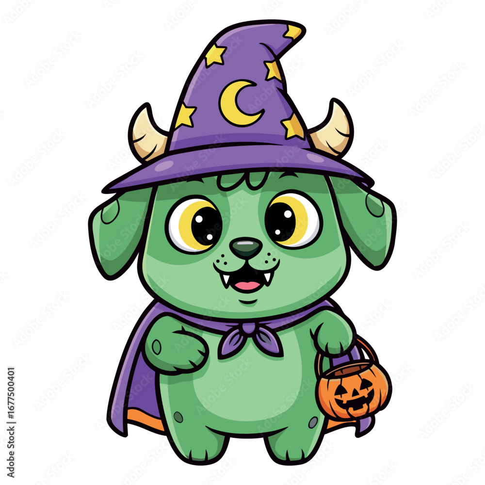 Obraz premium Adorable Halloween Puppy Dressed As Wizard with Pumpkin Basket Cartoon Illustration