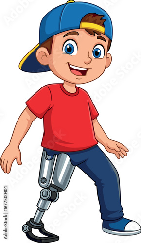 Cartoon boy with prosthetic leg, blue cap, red shirt, smiling face, active pose, children’s illustration, disability inclusion, inspirational character design