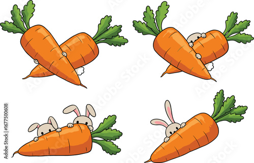 Cartoon rabbits hiding behind giant carrots, playful animal poses and expressions, vegetable-themed illustration for kids content and stock design