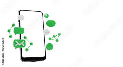 Clean, unbranded smartphone with blank screen, dynamically surrounded by vibrant green 3D communication icons on a high-key white studio background, concept of global digital connectivity