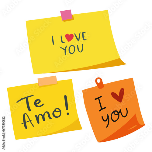 Romantic Sticky Notes with Handwritten Love Messages in Flat Vector Style.