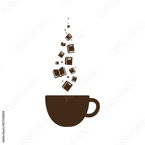 Coffee cup with books rising steam  illustration graphic design book lover caffeine reading  hot beverage