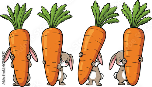 Cartoon rabbits hiding behind giant carrots, cute animal illustration with playful poses, vegetable theme, kids content, stock design