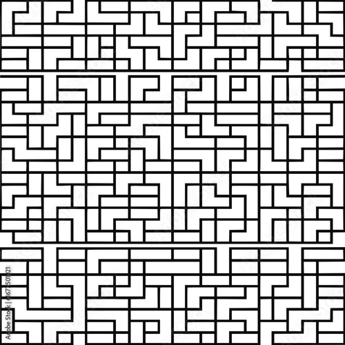 Black and white geometric pattern featuring interlocking rectangular shapes forming a complex design layout