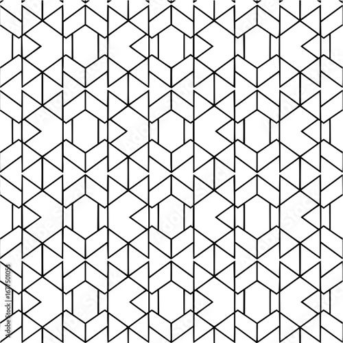 Geometric pattern of triangles hexagons and v shapes in a repeating design with black lines on white background