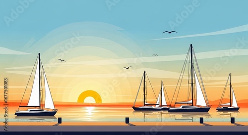 Sailboats on calm water at sunset with a vibrant sky and reflections.