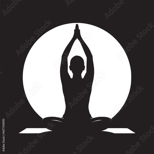 Silhouette of a person in lotus position with hands raised against a bright circular background