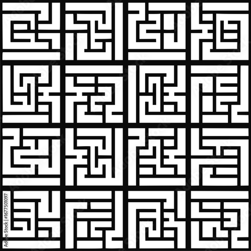 A collection of sixteen unique maze designs arranged in a grid pattern with black lines on white background