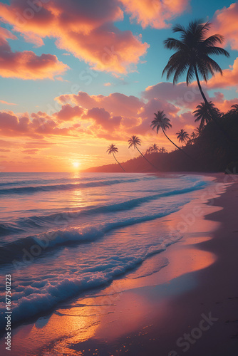 Tropical Beach Sunset with Palm Trees – Realistic Landscape Photography
