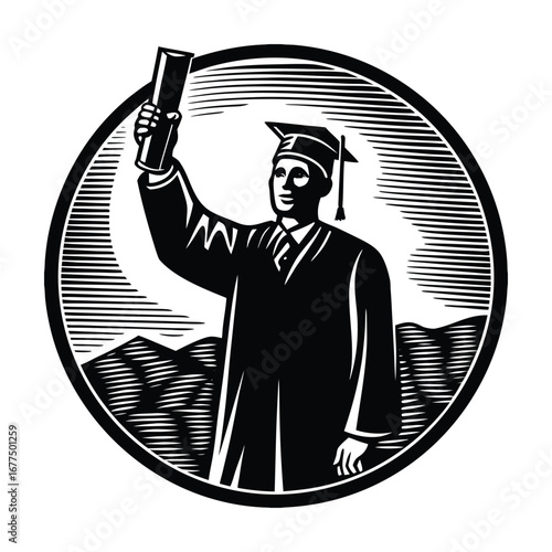 A proud graduate stands in silhouette, holding their certificate high, symbolizing achievement, hard work, and the bright future ahead.
