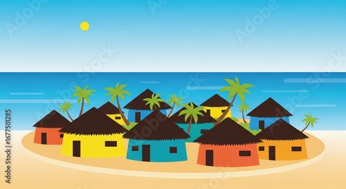Tropical island village with colorful huts and palm trees under a sunny sky