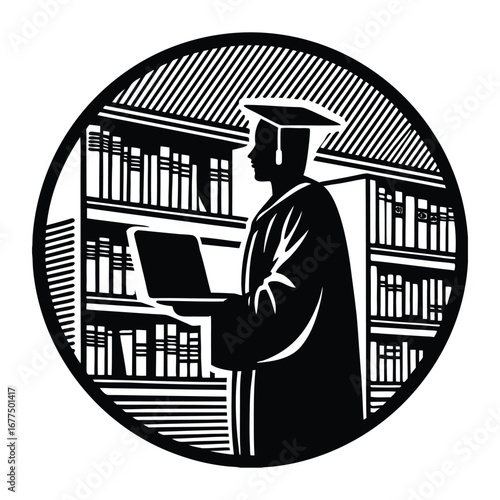 A confident graduate student silhouette stands tall in cap and gown, holding a diploma, symbolizing achievement, ambition, and the journey of higher education.
