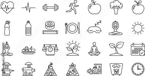 Comprehensive set of thin line icons representing a healthy lifestyle, including concepts for diet, fitness, wellness, and self-care