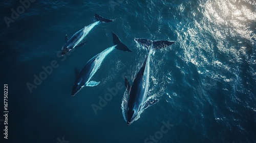 High-resolution top view of whales swimming calmly