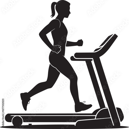 Silhouette of a woman running on a treadmill against a white background in a minimalist style