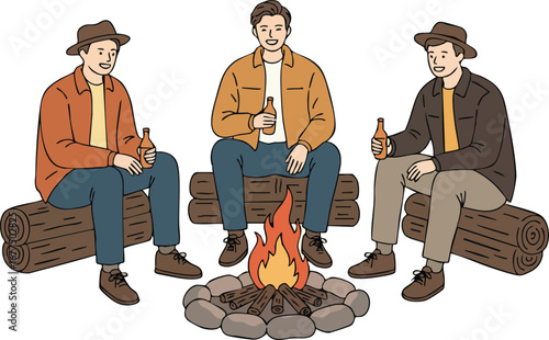 Three men sitting on logs around campfire holding bottles enjoying outdoor social gathering vector illustration 