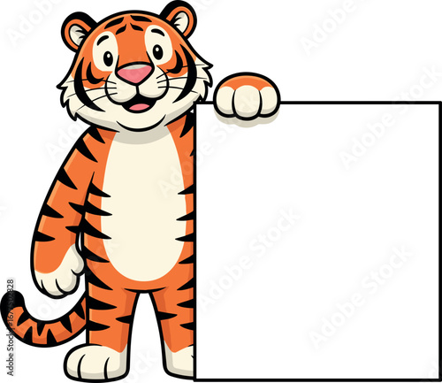 Cartoon orange tiger with black stripes holding blank white sign, friendly jungle animal character for children’s illustration, wildlife, and message design