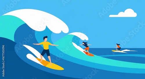 Three surfers riding vibrant ocean waves on sunny day, enjoying summer adventure and extreme water sports. Flat design illustration perfect for travel blogs, websites, and social media.