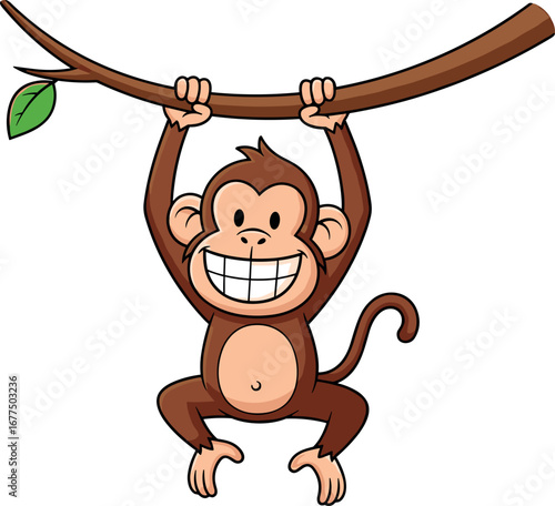 Cartoon smiling monkey hanging from tree branch with leaf, playful jungle animal character illustration for children’s books, nature themes, and educational designs