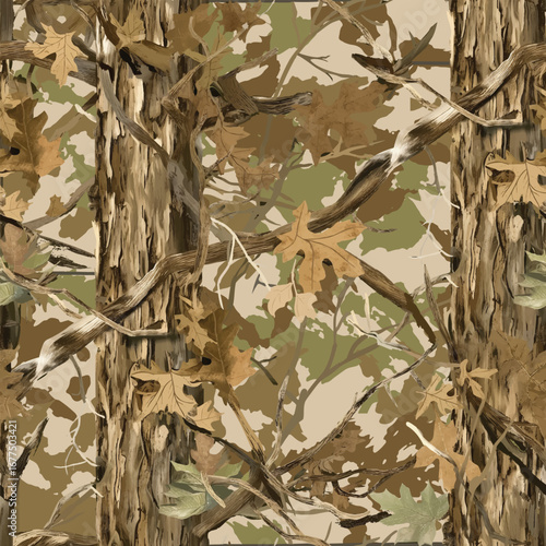 Seamless real tree camouflage with detailed bark, branches, and forest leaves for fabric, hunting, and outdoor design.