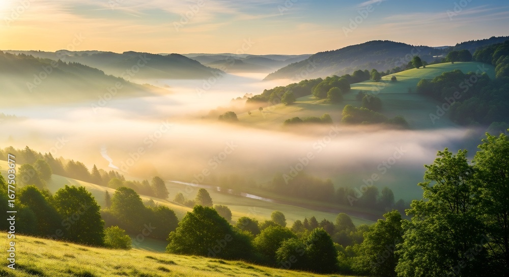 Fototapeta premium Misty Valley Sunrise: Serene Landscape with Golden Light and Fog.