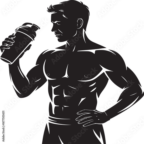 Muscular man silhouette holding a shaker bottle with defined abs and arm on hip in black and white