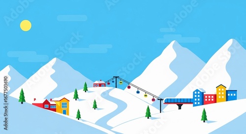 Vibrant flat design illustration of a ski resort with colorful buildings, ski lift, and snow-covered mountains under a clear blue sky.