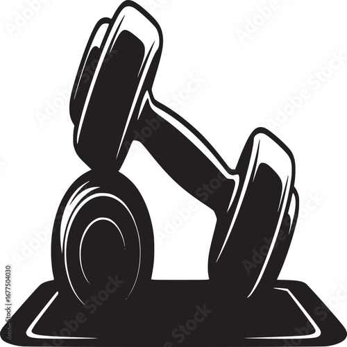 A black and white illustration of a dumbbell resting on a yoga mat for fitness and exercise