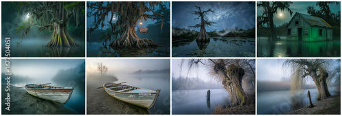Misty swamp trees and boats cypress trees moss