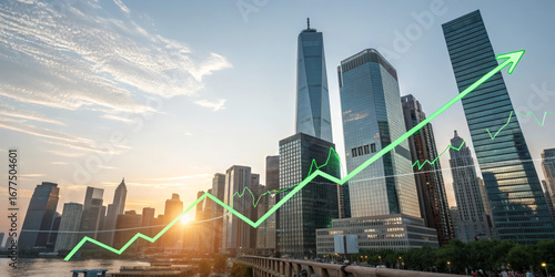 Wallpaper Mural Green uptrend chart city skyline modern skyscraper financial growth urban landscape sunrise economic optimism business district investment success Torontodigital.ca