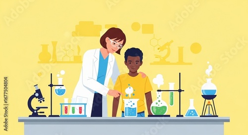 Curious boy learns science from a friendly female scientist in a colorful lab with experiments and microscopes.